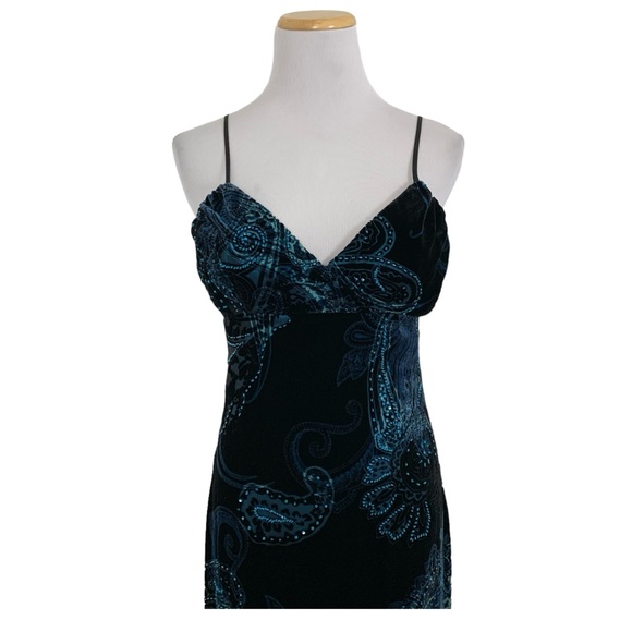 Vintage Dresses & Skirts - Vintage Y2K Velvet Burnout Beaded Gown Asymmetrical Hem Slip Dress Women’s 4